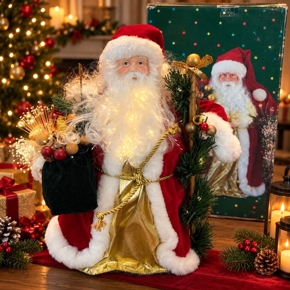 SightSational Fiber Optic Santa 14" Tree Topper Tabletop Porcelain Lighted w/Box